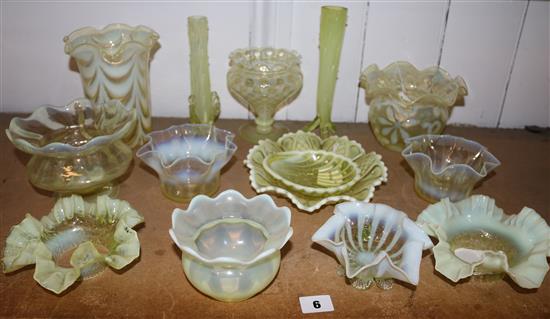 Collection of primrose yellow Vaseline glassware, including vases, frilled dishes, etc (15, some faults)